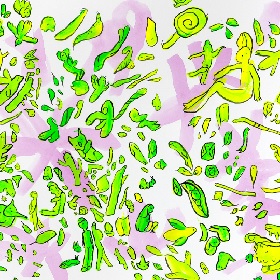 Artwork titled scribble and offcuts, shapes are made with a soft pink colour, this work  is overlayed with hand illustrated bright green and black outlined drawings , specific icons can be made out a funny face with a large nose, a pod of peas, , a snail, a person, a teddy bear 